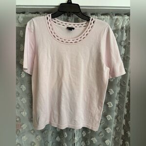 Ann Taylor Pale Pink Short-Sleeve Knit Top with Lattice Scoop Neck